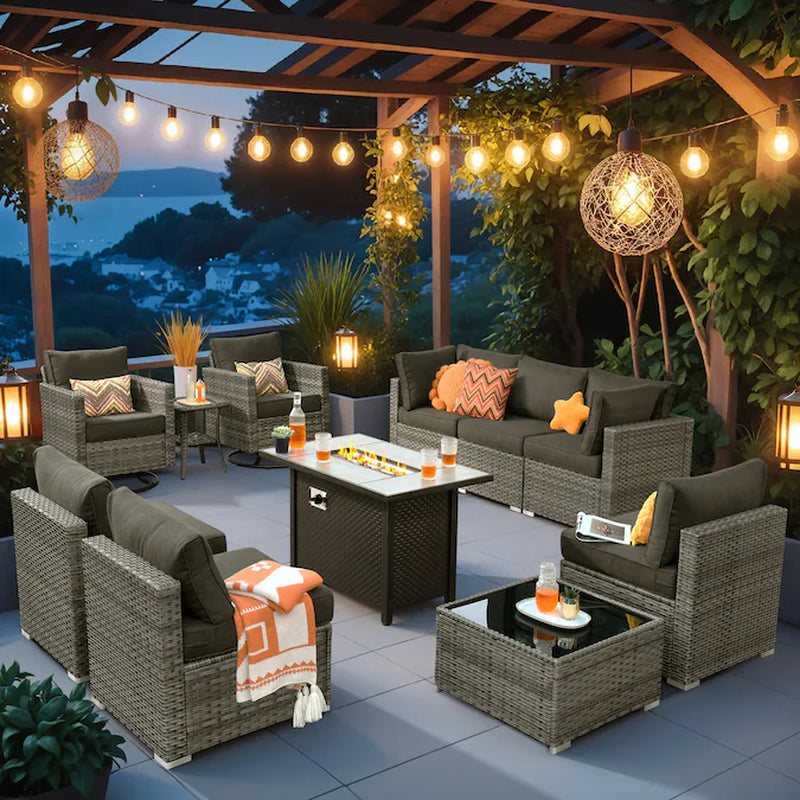 Sunrise 11 -Piece Rattan Patio Sofa Conversation Set with Light Gray Cushions