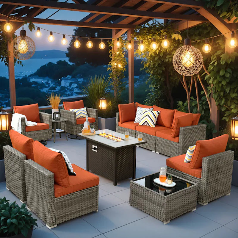 Sunrise 11 -Piece Rattan Patio Sofa Conversation Set with Light Gray Cushions