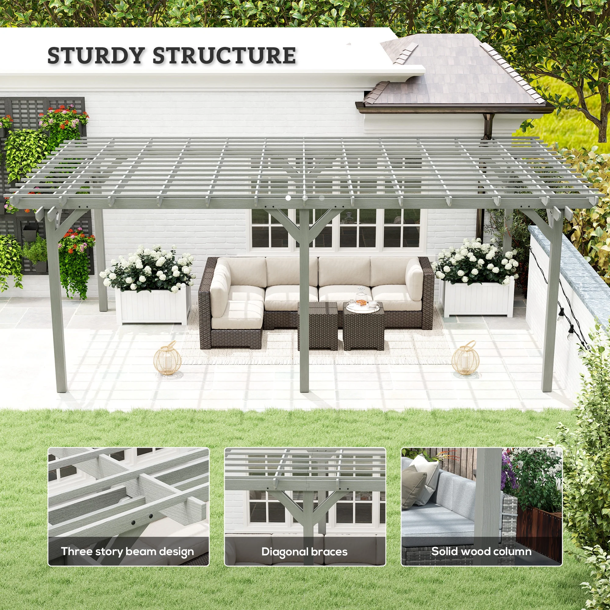 Outsunny 12' x 20' Wooden Pergola & Grape Trellis - Gray Fir Wood