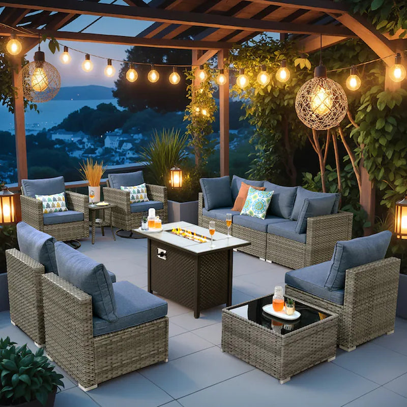 Sunrise 11 -Piece Rattan Patio Sofa Conversation Set with Light Gray Cushions