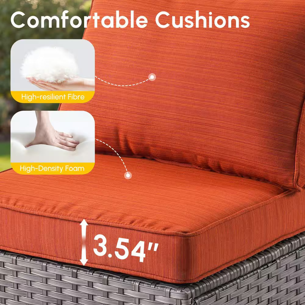 Messi Gray 11-Piece Wicker Outdoor Patio Conversation Sofa Fire Pit Set with Swivel Chairs and Orange Red Cushions