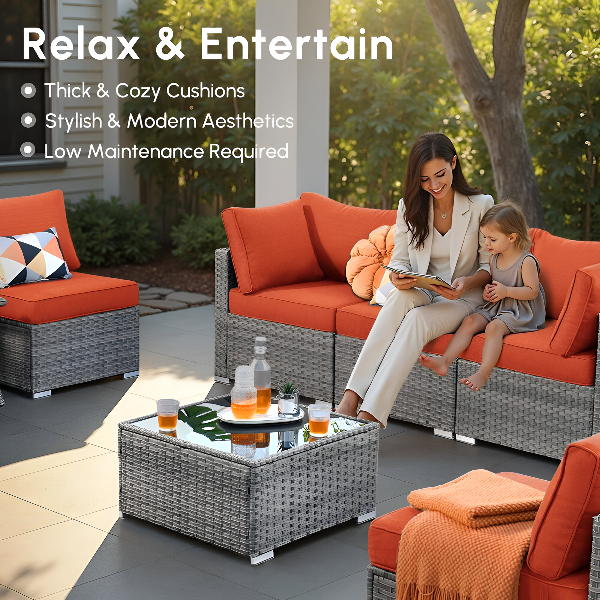 HOOOWOOO Messi 11-Piece Wicker Patio Set with Swivel Chairs - Red