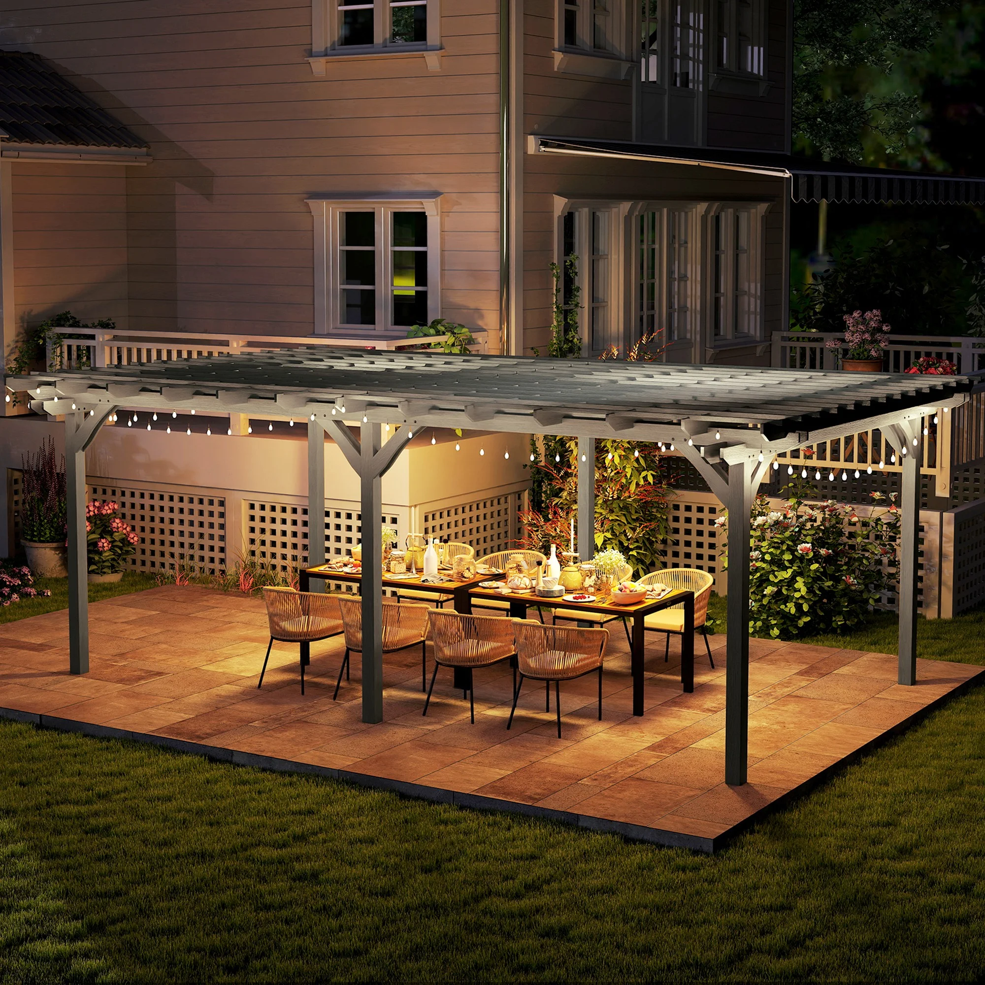 Outsunny 12' x 20' Wooden Pergola & Grape Trellis - Gray Fir Wood