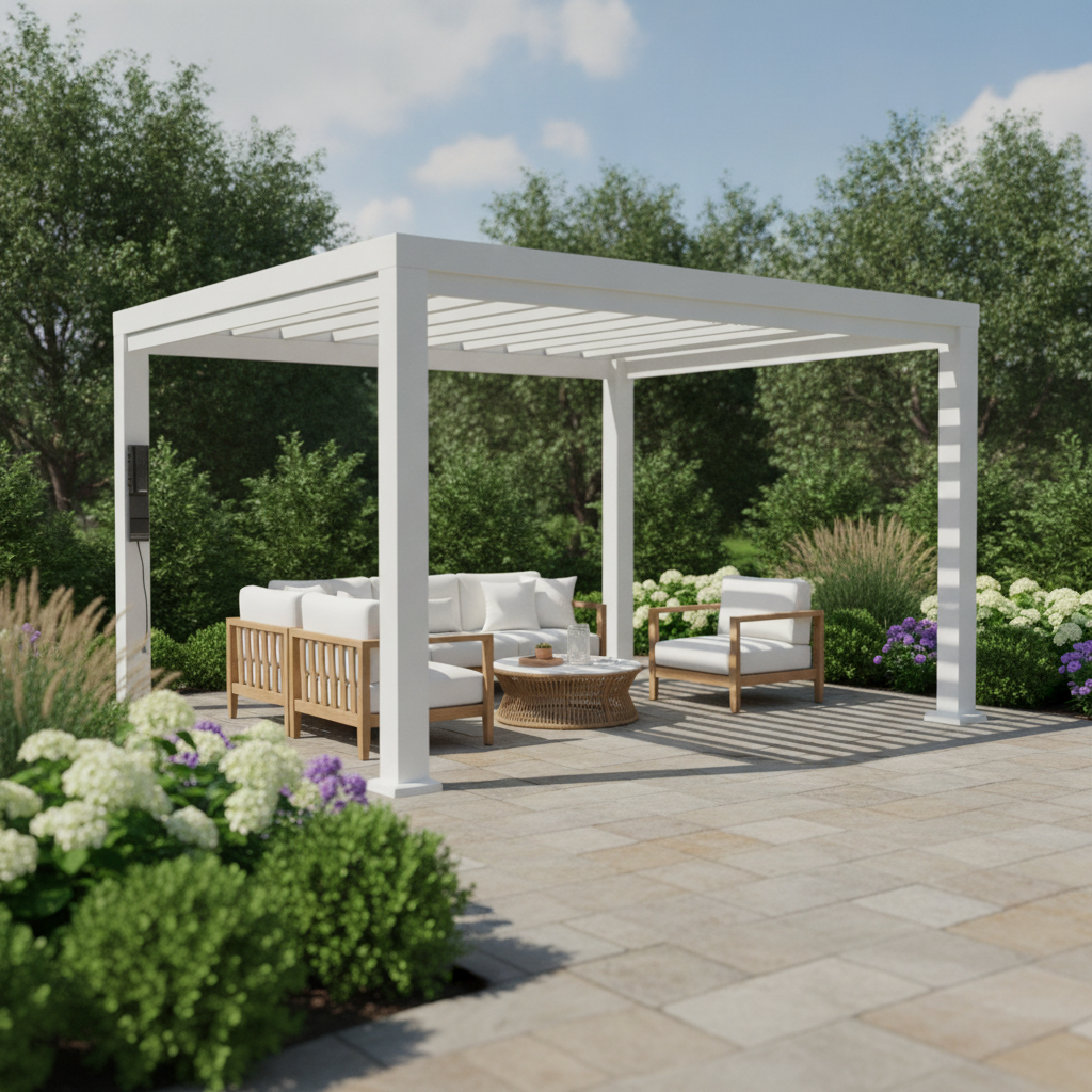 Windham steel pergola — backyard beauty shot