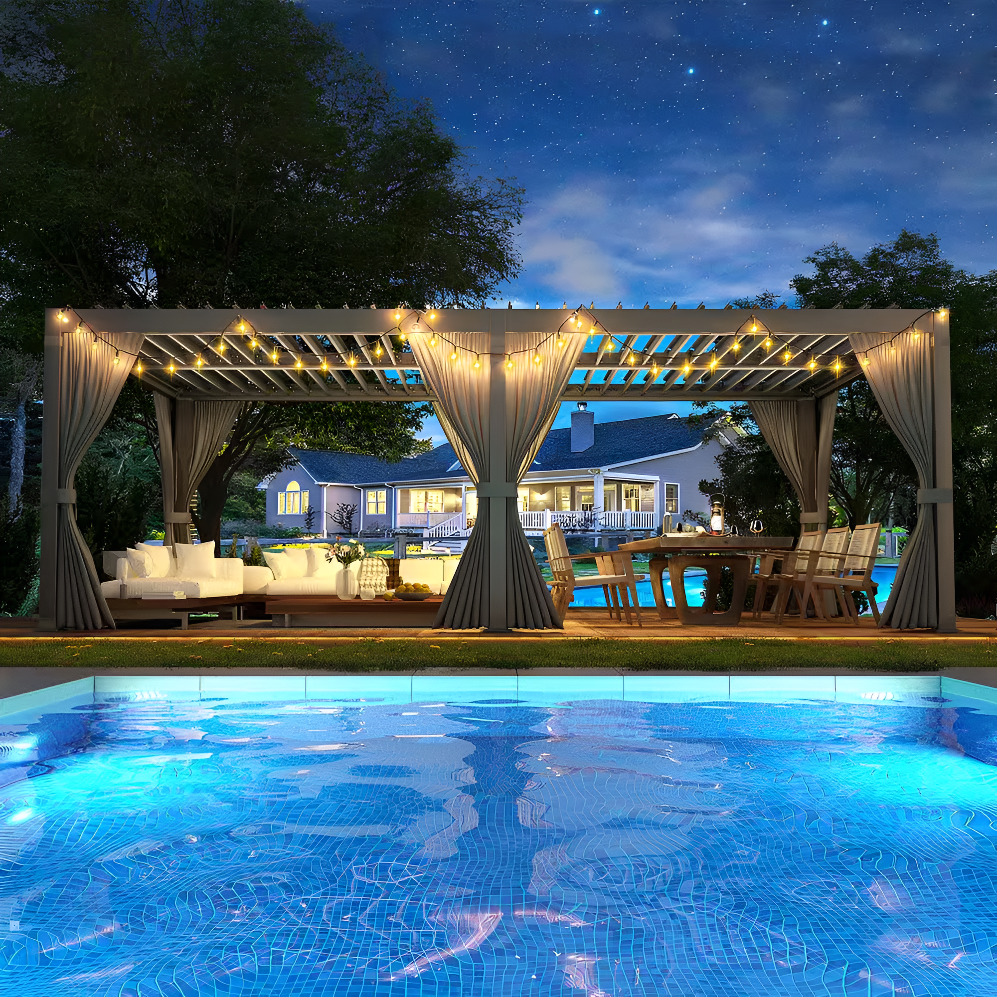 Airwire 20' x 10' Aluminum Pergola with Louvered Roof & Curtains