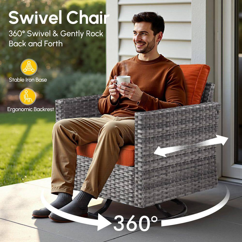 Messi Gray 11-Piece Wicker Outdoor Patio Conversation Sofa Fire Pit Set with Swivel Chairs and Orange Red Cushions