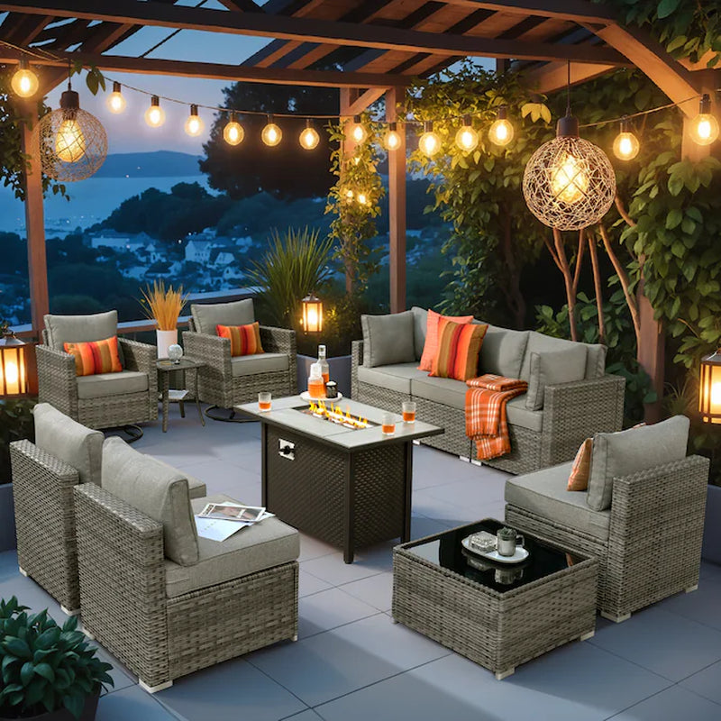 Sunrise 11 -Piece Rattan Patio Sofa Conversation Set with Light Gray Cushions