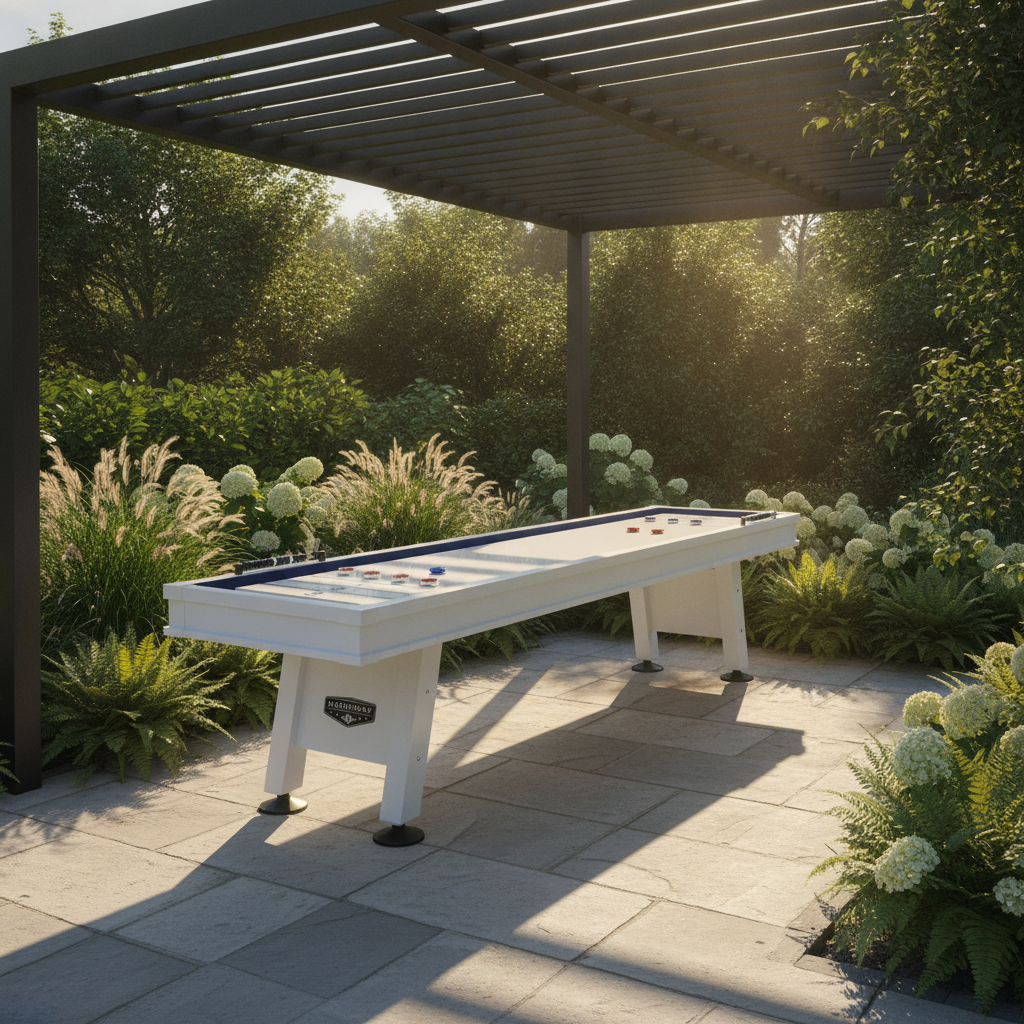 Crestline 12' outdoor shuffleboard — black pergola backyard beauty
