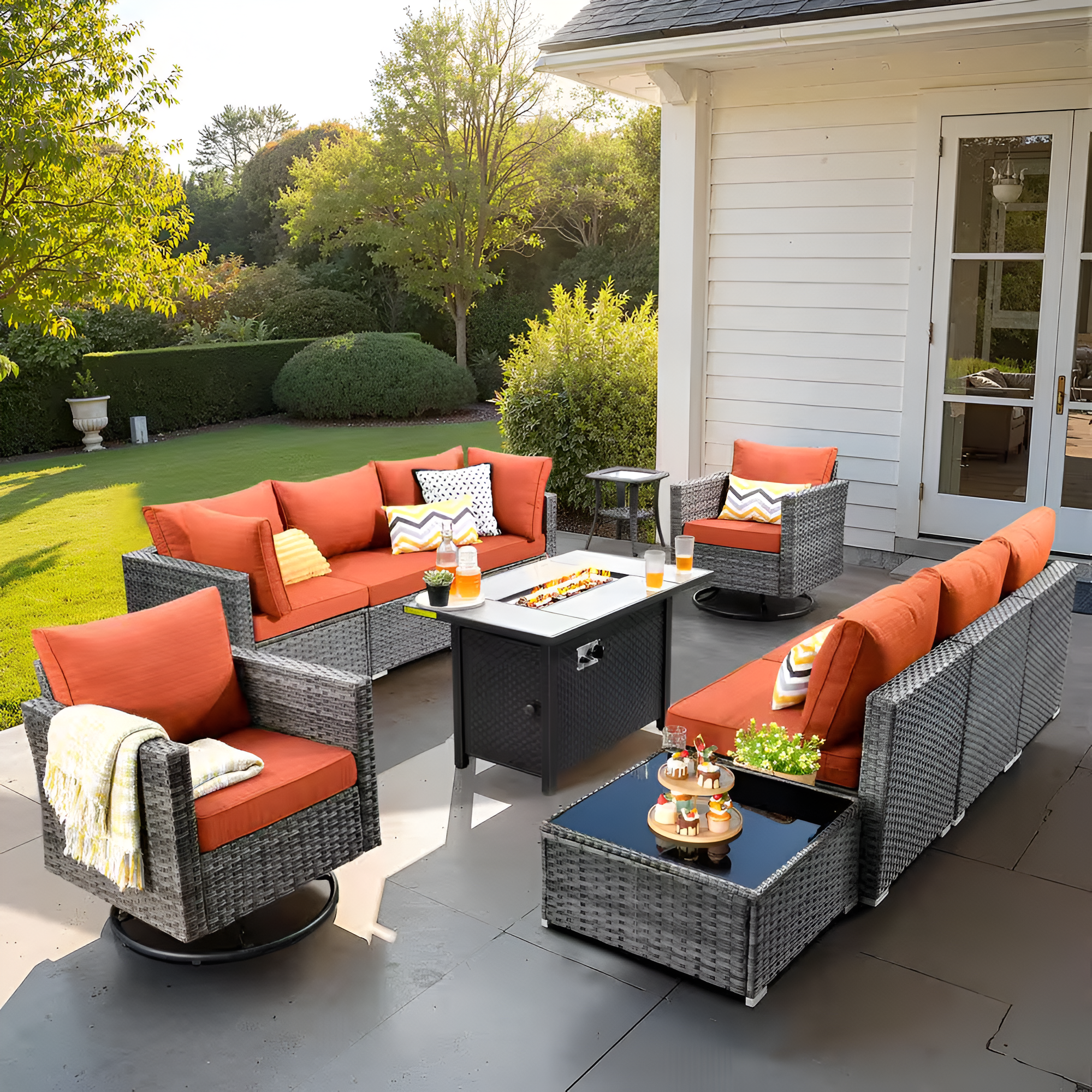 HOOOWOOO Messi 11-Piece Wicker Patio Set with Swivel Chairs - Red