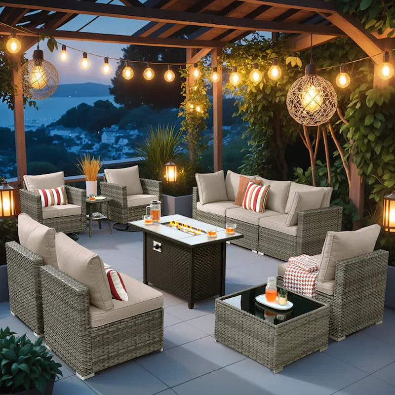 Sunrise 11 -Piece Rattan Patio Sofa Conversation Set with Light Gray Cushions