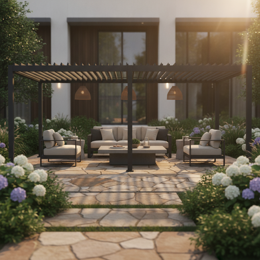 Mirador louvered pergola — backyard beauty shot