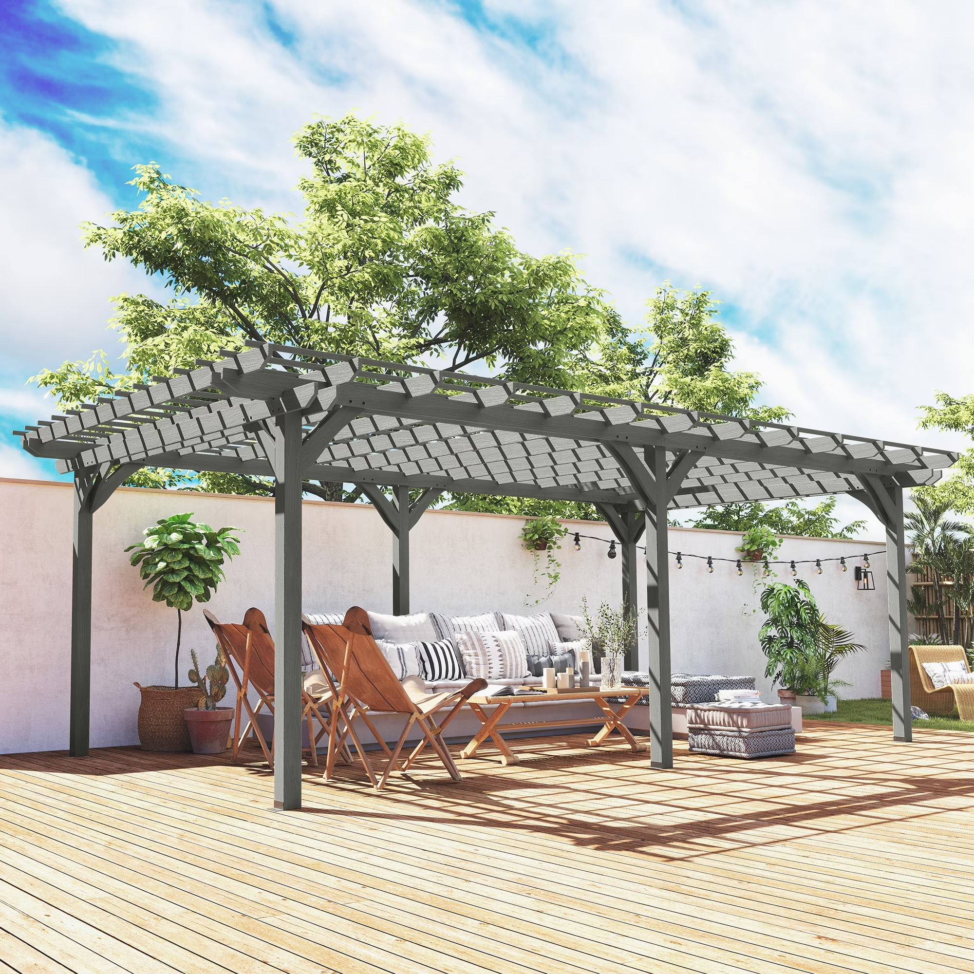 Outsunny 12' x 20' Wooden Pergola & Grape Trellis - Gray Fir Wood