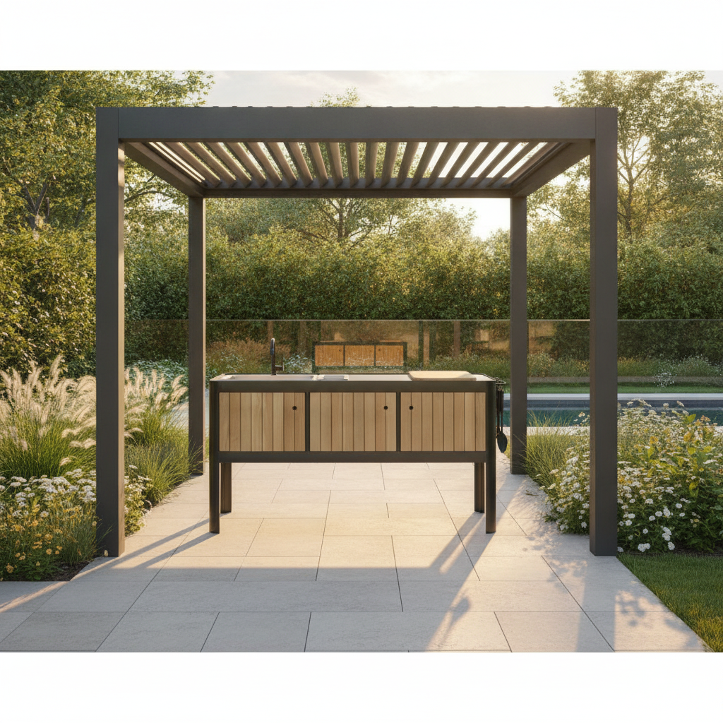 Portals Dark outdoor kitchen — black pergola backyard beauty