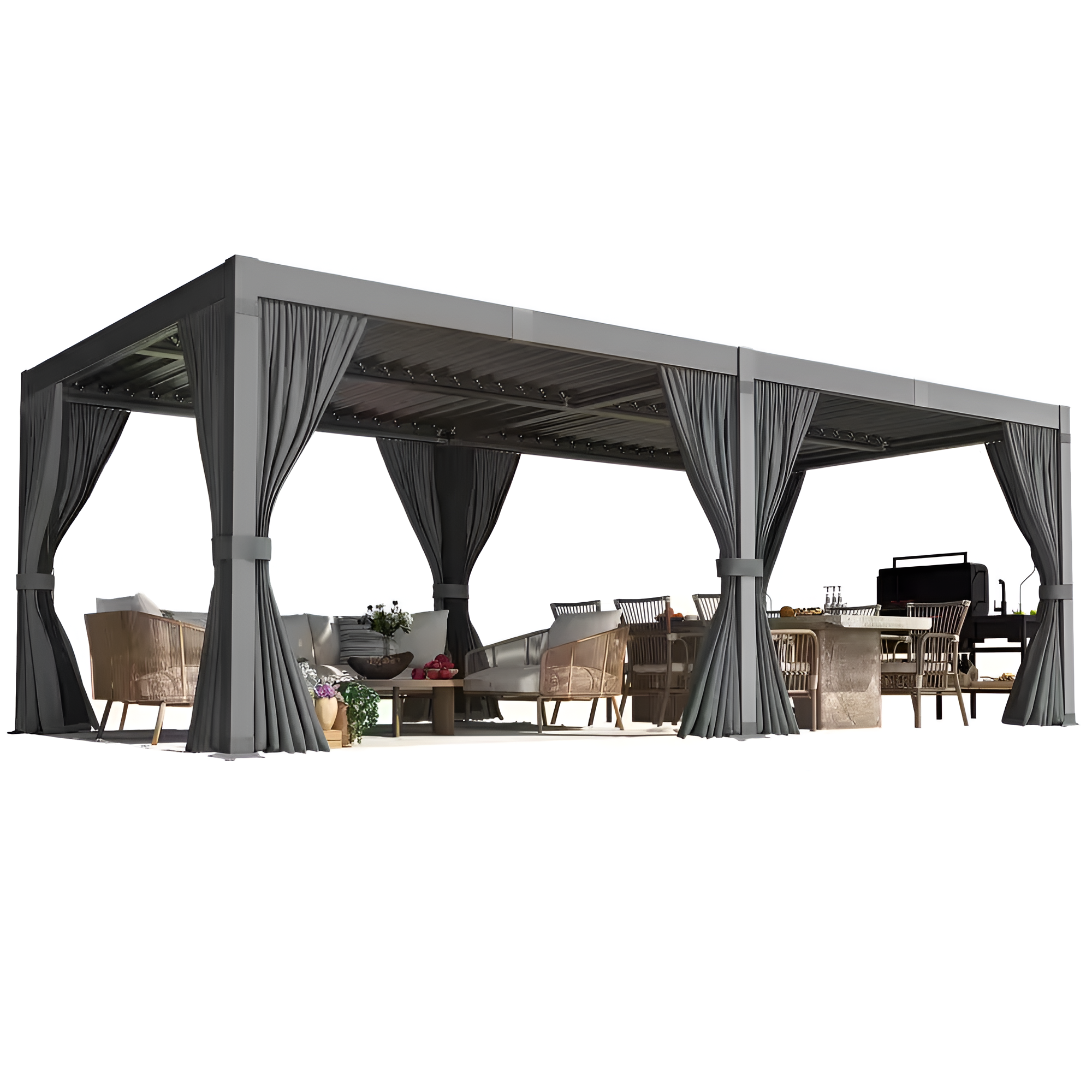 Airwire 20' x 10' Aluminum Pergola with Louvered Roof & Curtains
