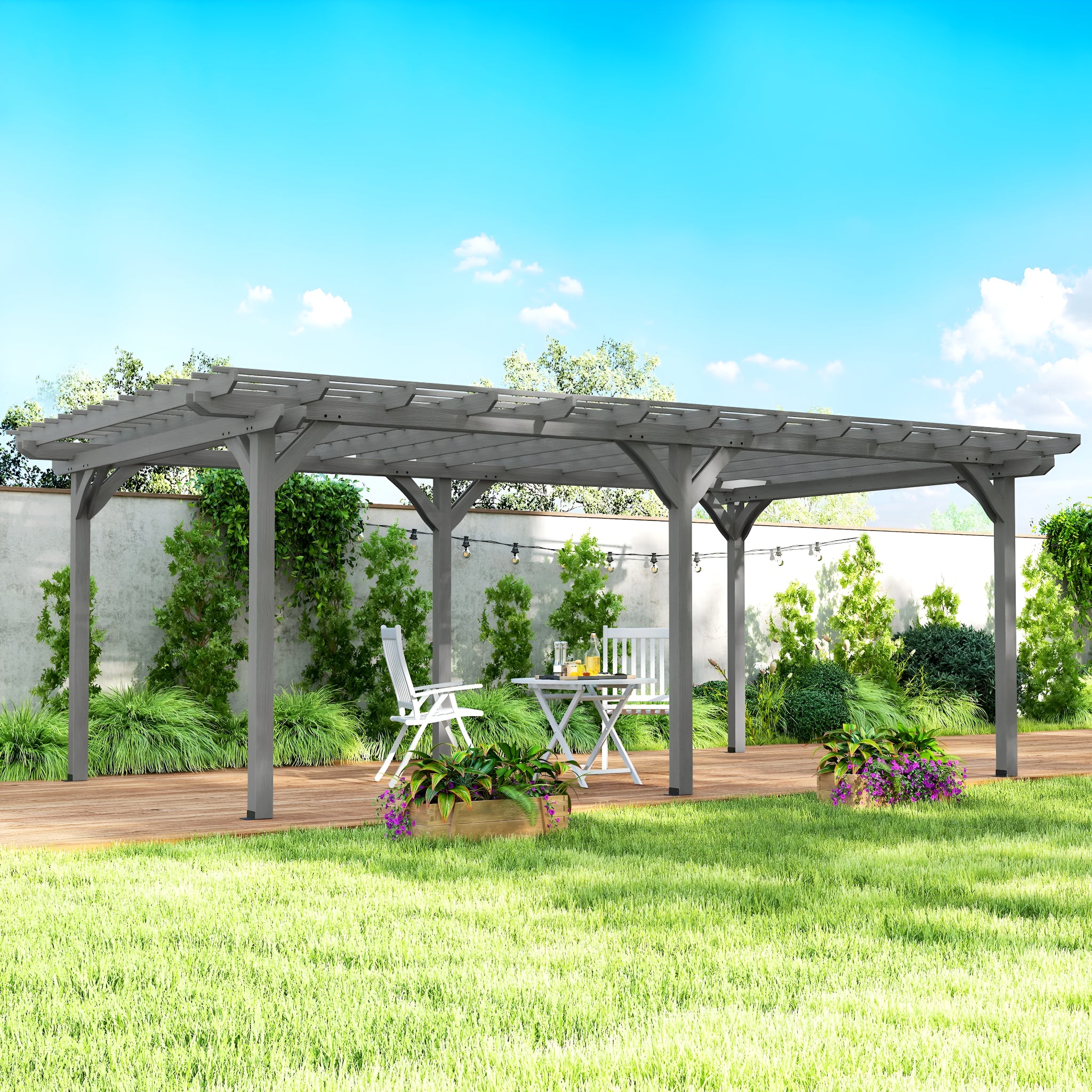 Outsunny 12' x 20' Wooden Pergola & Grape Trellis - Gray Fir Wood