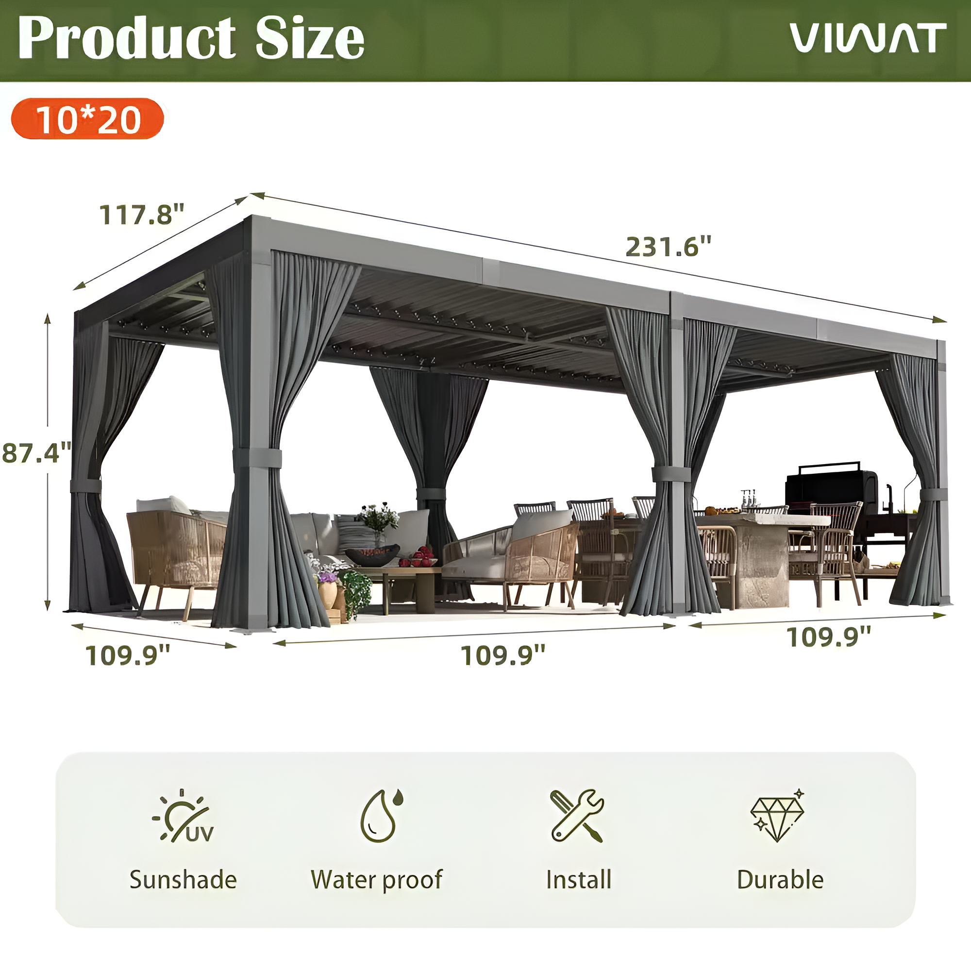 Airwire 20' x 10' Aluminum Pergola with Louvered Roof & Curtains