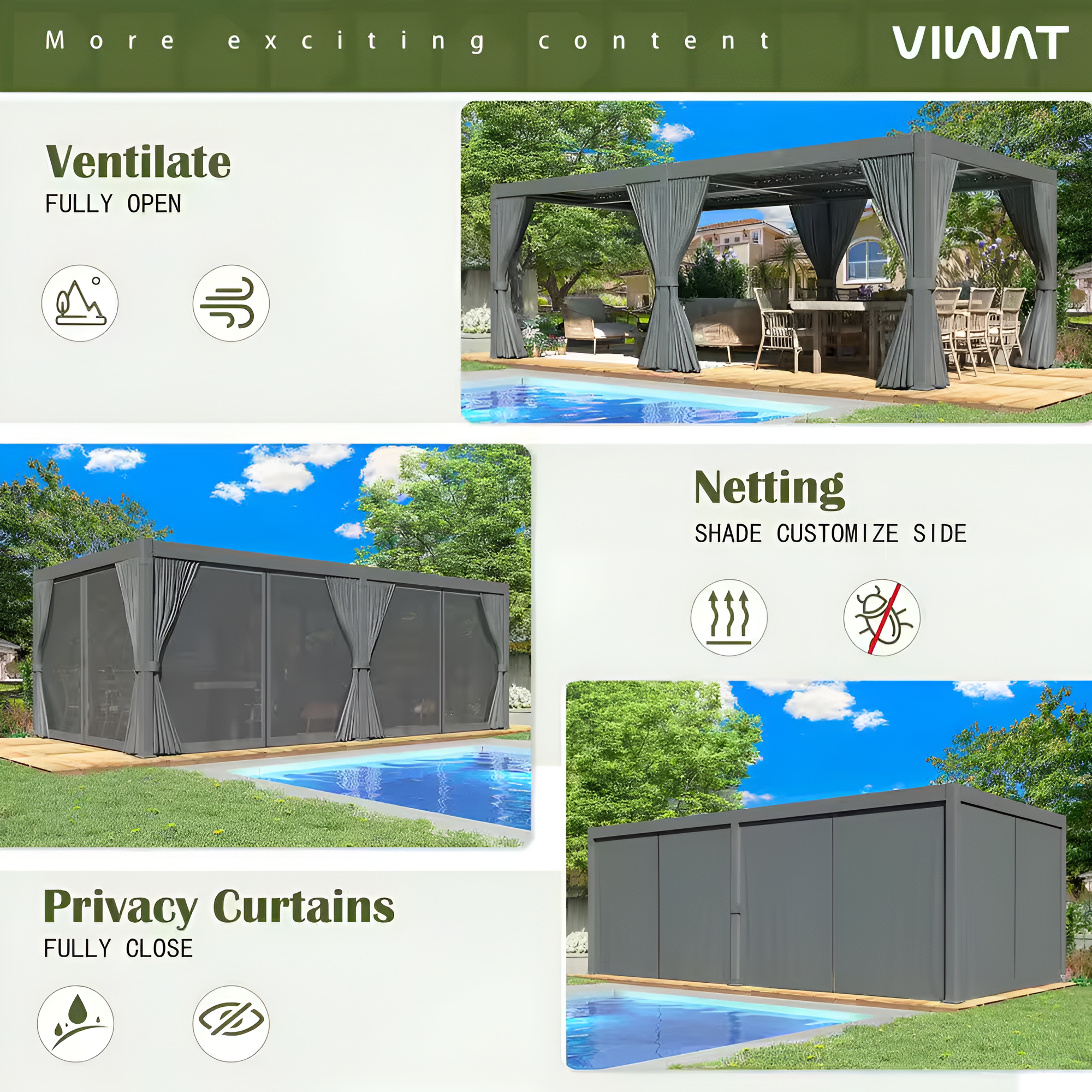 Airwire 20' x 10' Aluminum Pergola with Louvered Roof & Curtains