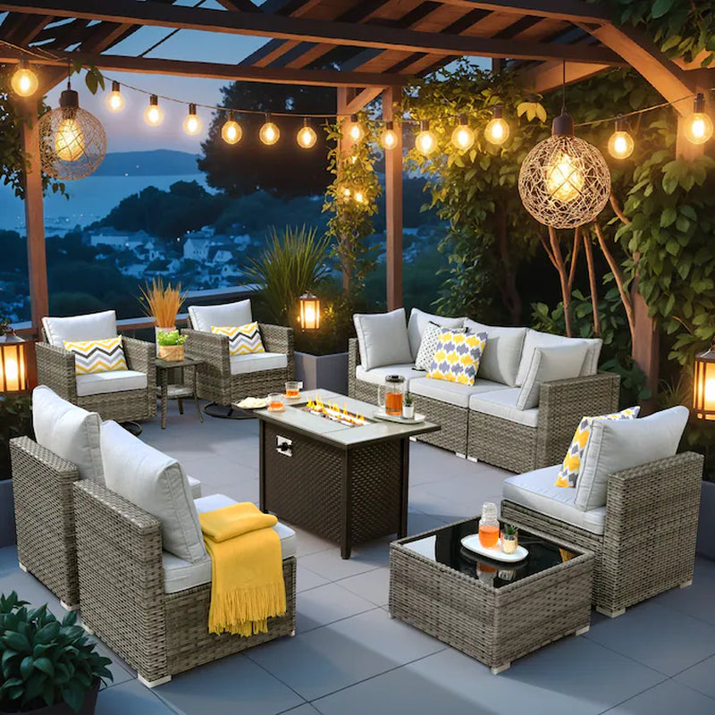 Sunrise 11 -Piece Rattan Patio Sofa Conversation Set with Light Gray Cushions