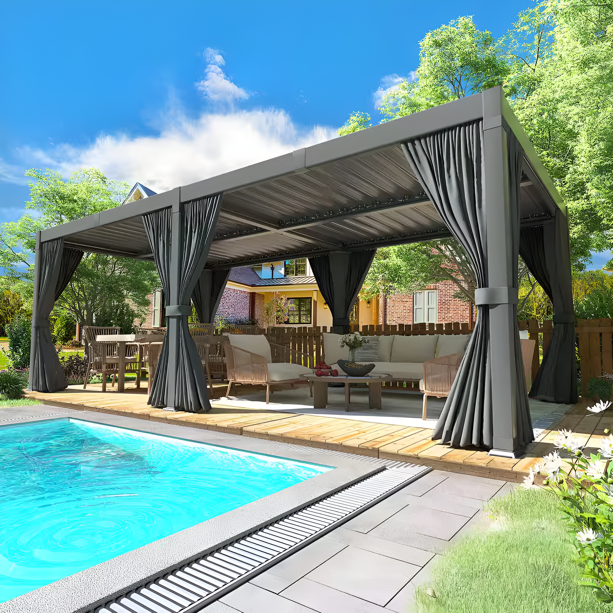 Airwire 20' x 10' Aluminum Pergola with Louvered Roof & Curtains