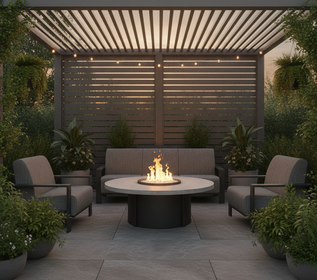 Homecrest 54" Round Concrete Balcony Fire Table — Outdoor Room Under Pergola