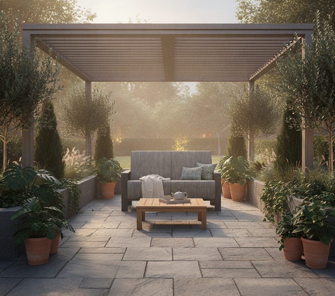 Homecrest Blair Air Loveseat — Outdoor room under black pergola