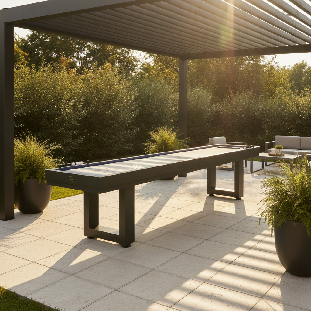 American Heritage Lanai 12' Outdoor Shuffleboard — Black pergola outdoor room