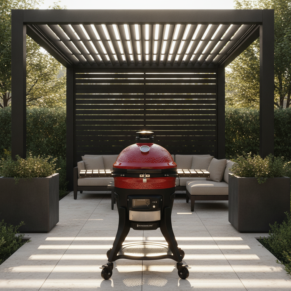 Kamado Joe Konnected Joe — Outdoor room under black pergola