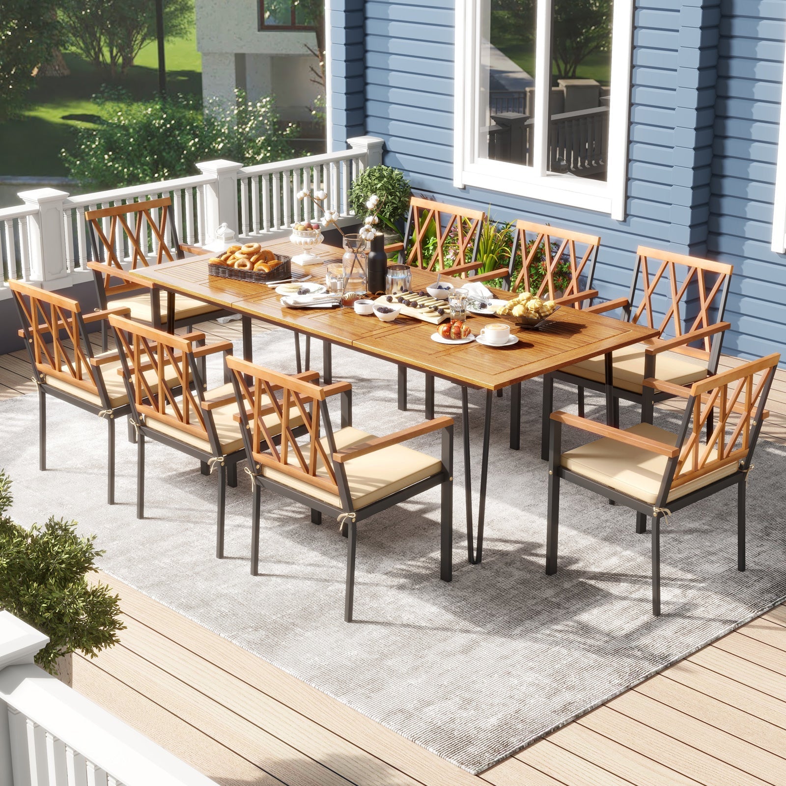 9-Piece Acacia Wood Outdoor Dining Set with 8 Chairs