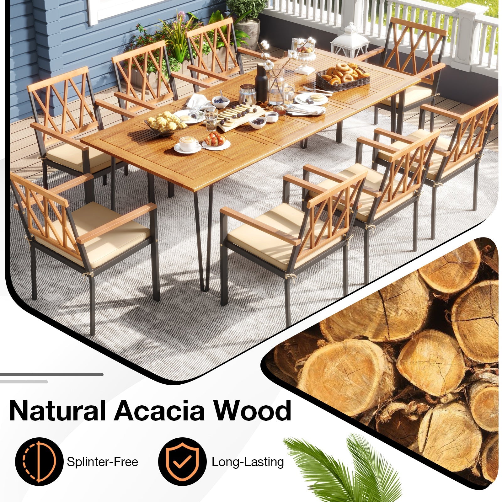 9-Piece Acacia Wood Outdoor Dining Set with 8 Chairs