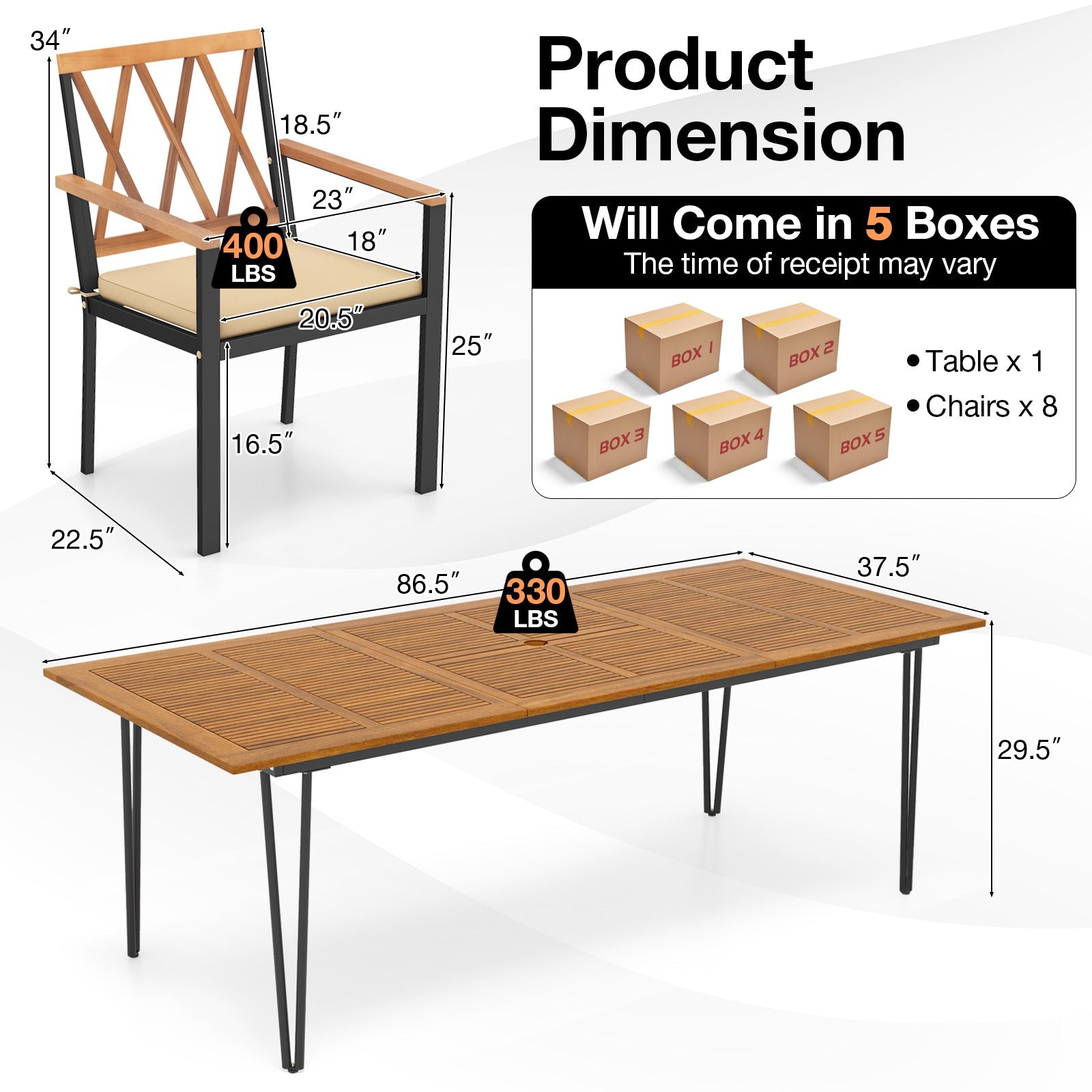 9-Piece Acacia Wood Outdoor Dining Set with 8 Chairs