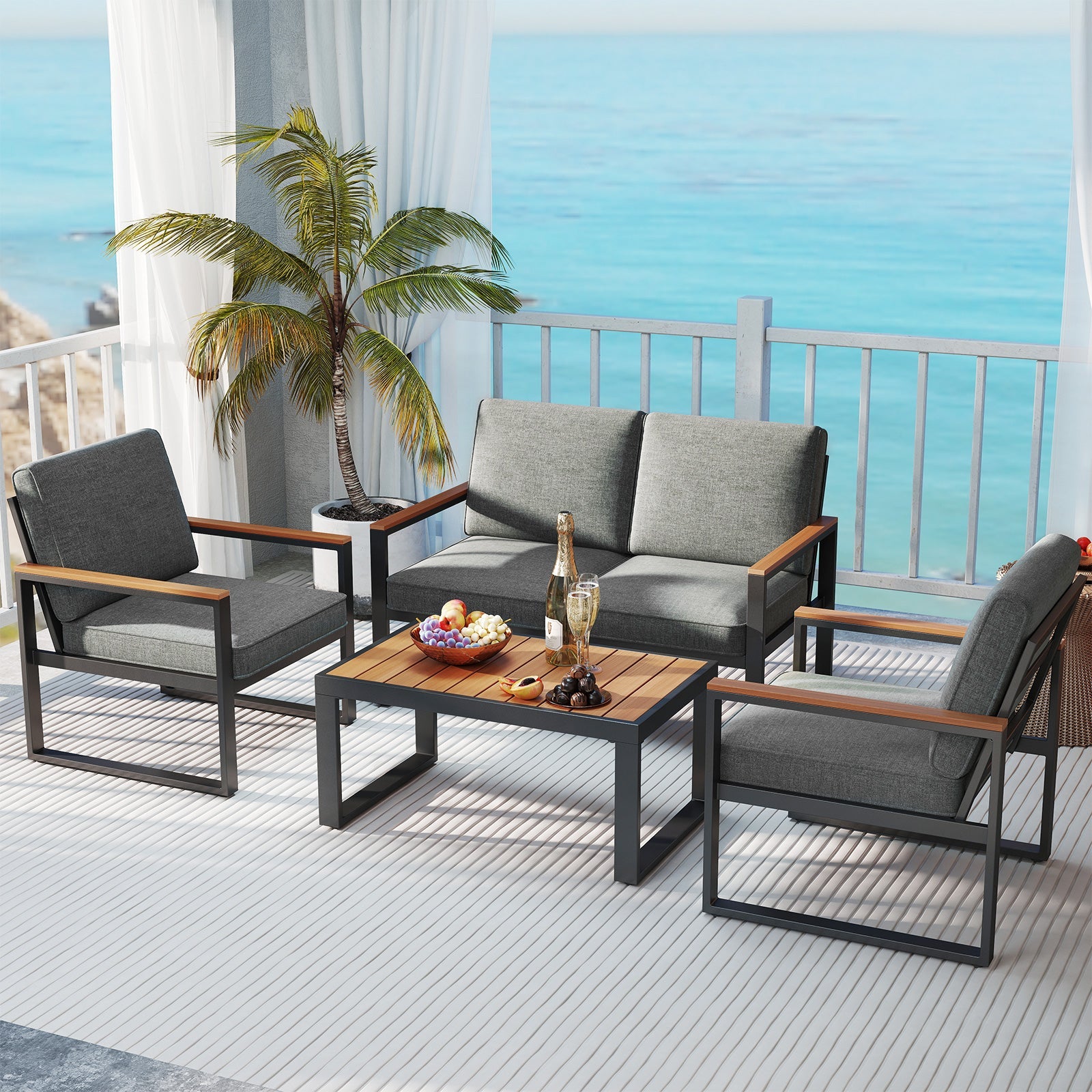 4-Piece Modern Aluminum Patio Conversation Set - Gray