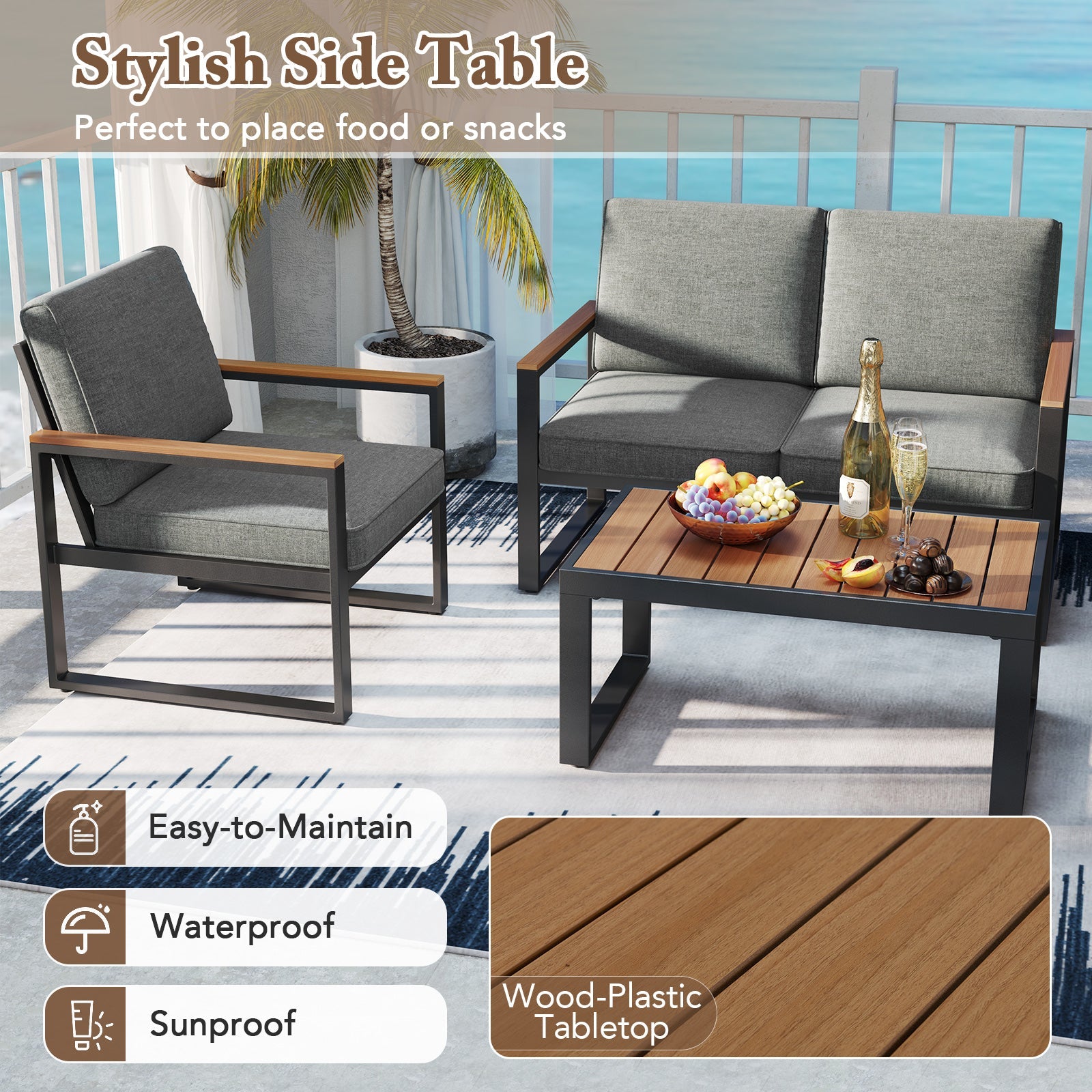 4-Piece Modern Aluminum Patio Conversation Set - Gray