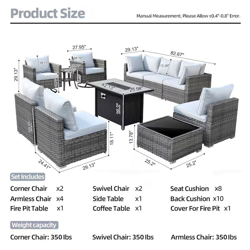Sunrise 11 -Piece Rattan Patio Sofa Conversation Set with Light Gray Cushions
