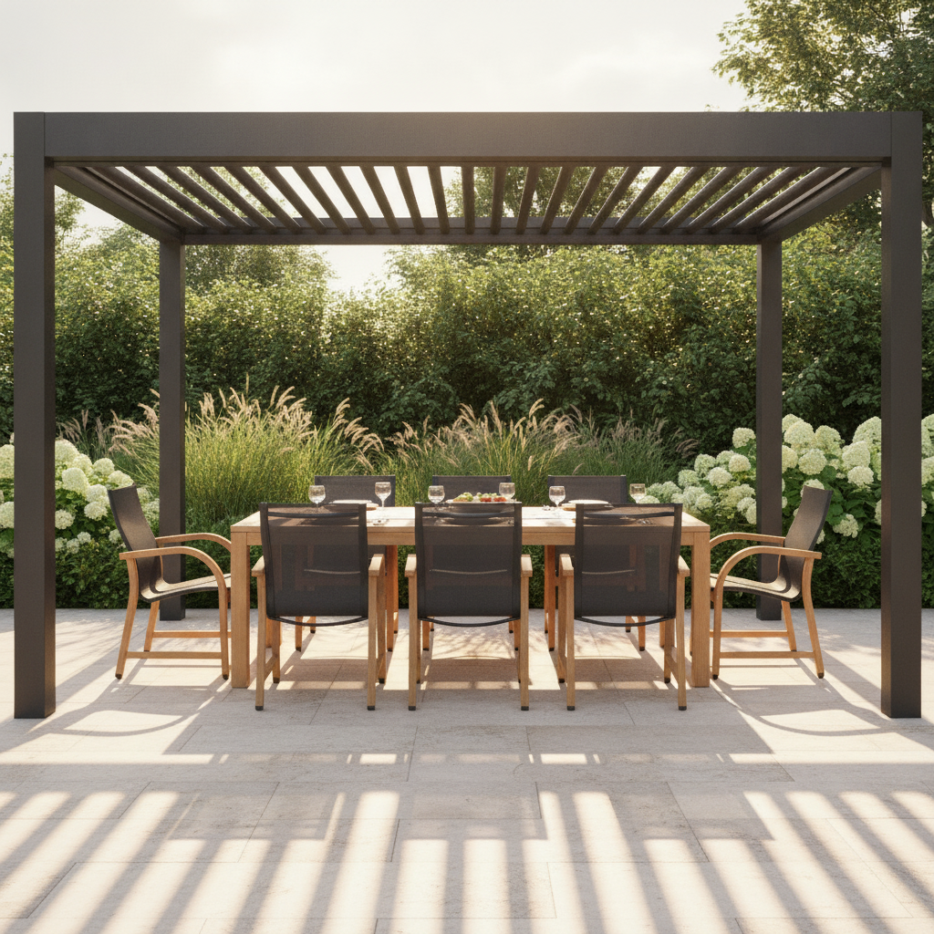 Rinjani dining set — black pergola backyard beauty