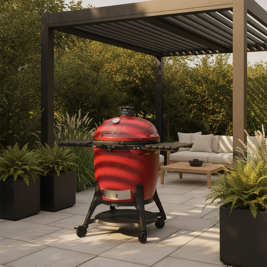 Kamado Joe Big Joe Red III — Outdoor room under black pergola