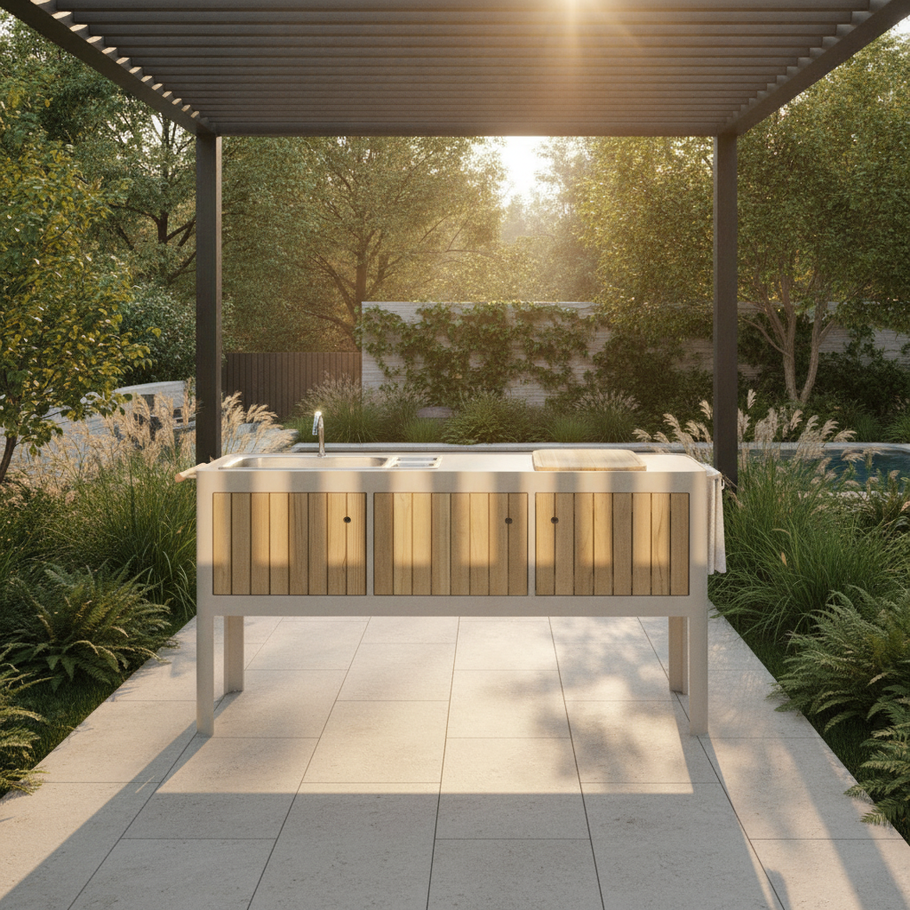 Portals Light outdoor kitchen — black pergola backyard beauty