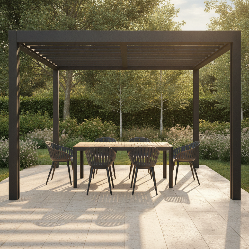 Portals Dark dining set — black pergola backyard beauty