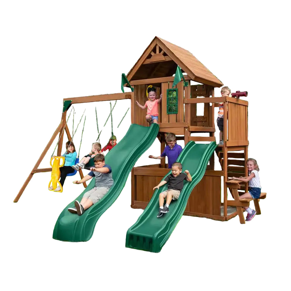 DIY Knightsbridge Deluxe Wooden Outdoor Playground Set with Slides, Rock Wall, Swing Set, and Playground Equipment