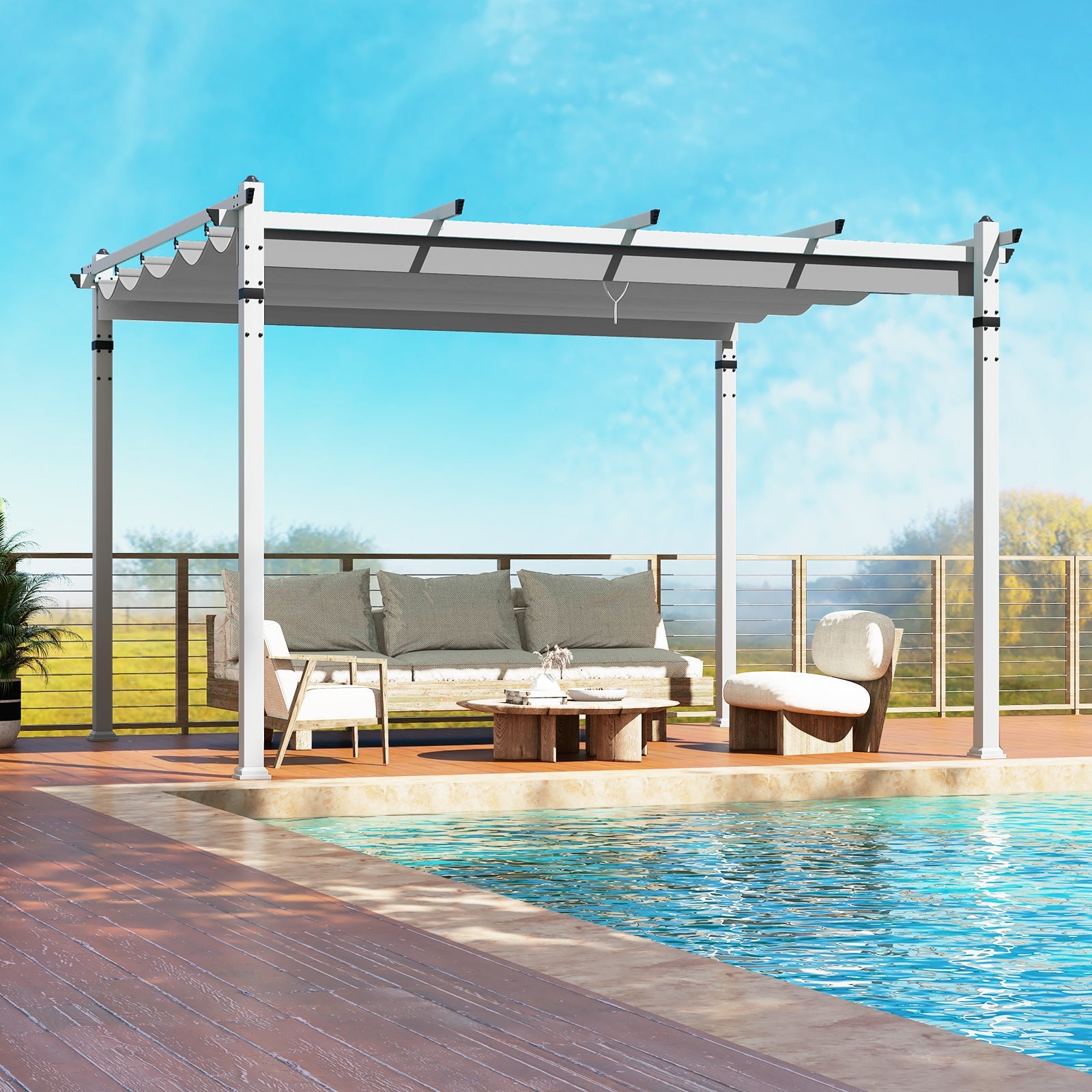 Modern Aluminum Pergola with Retractable Canopy - 10' x 13' - Gray