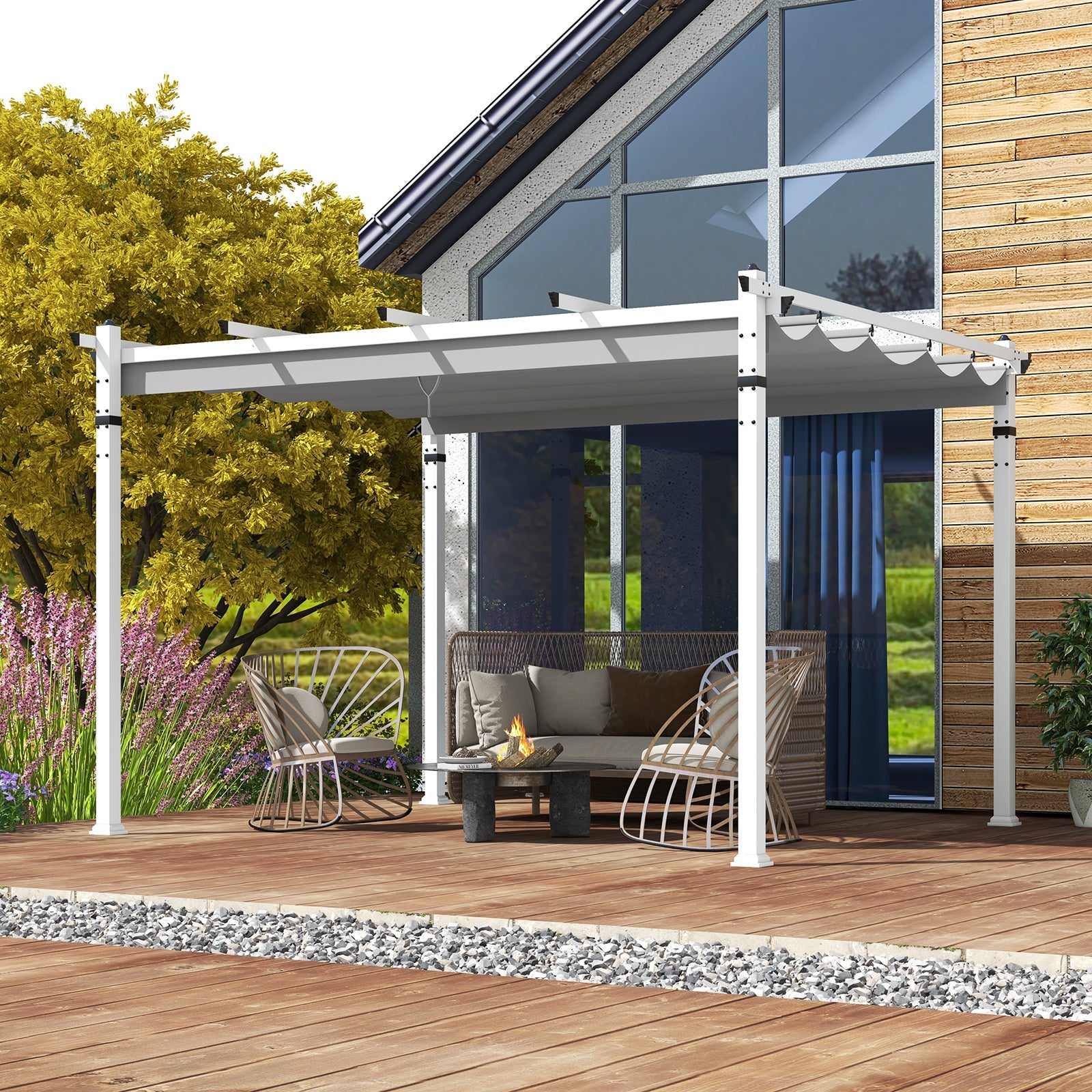 Modern Aluminum Pergola with Retractable Canopy - 10' x 13' - Gray
