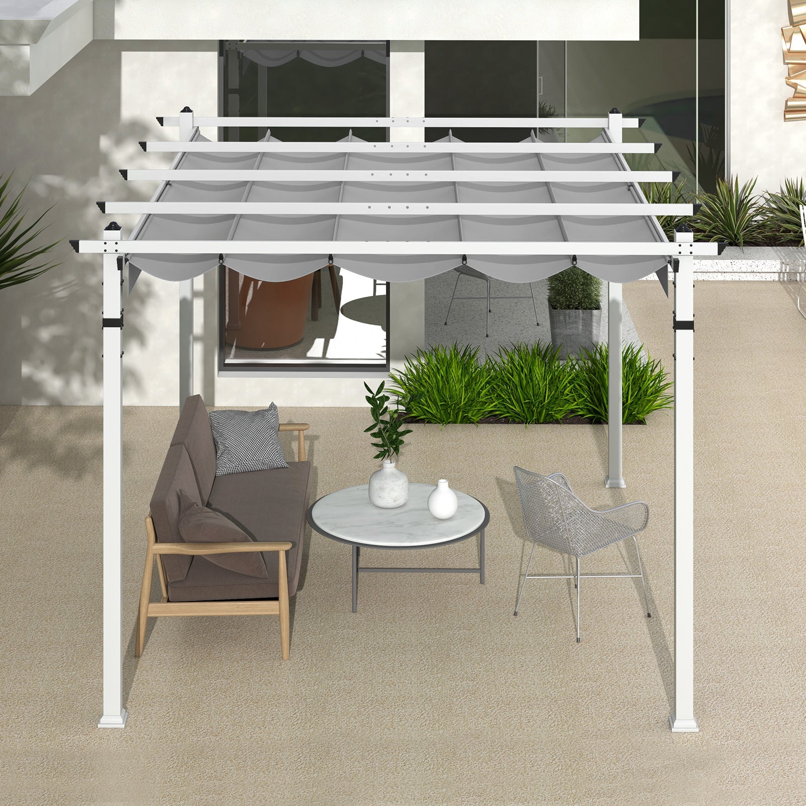 Modern Aluminum Pergola with Retractable Canopy - 10' x 13' - Gray